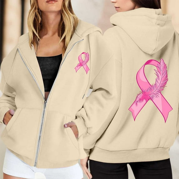Oversized Sweatshirt For Women Solid Color Zip Up Hoodie Pullover Cancer Awareness Month Drawstring Casual Comfortable For Everyday Tops Clothes With Pocket