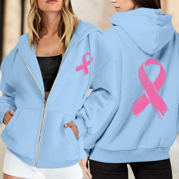 Oversized Sweatshirt For Women Trendy Solid Color Zip Up Hoodie Pullover Cancer Awareness Month Casual Comfortable For Everyday Wear Winter Pullover Jumper Tops