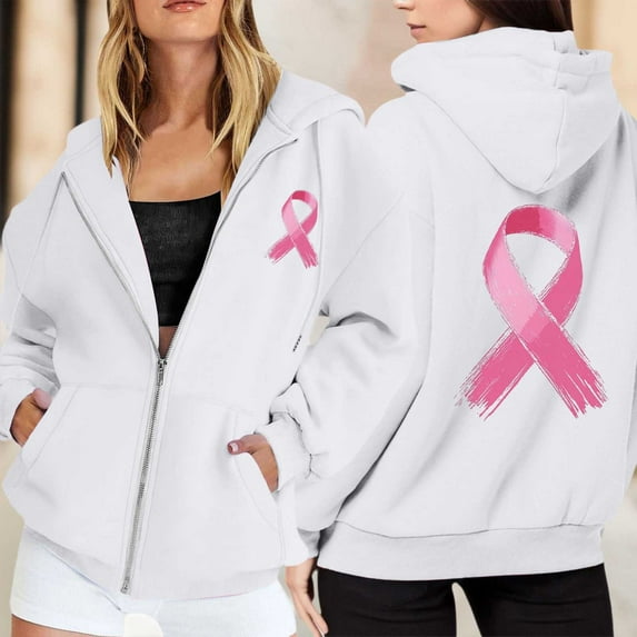 Oversized Sweatshirt For Women Trendy Solid Color Zip Up Hoodie Pullover Cancer Awareness Month Drawstring Casual Comfortable For Everyday Tops Clothes With Pocket White XXXL