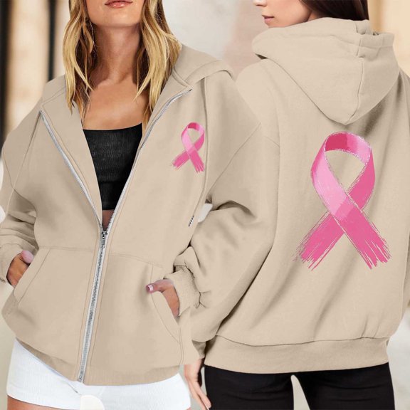 Oversized Sweatshirt For Women Trendy Solid Color Zip Up Hoodie Pullover Breast Cancer Awareness Month Drawstring Casual Comfortable For Everyday Tops Clothes With Pocket Khaki L