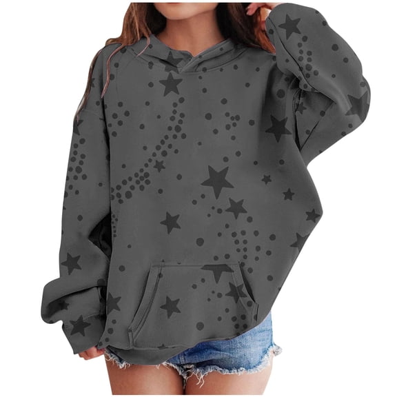 Oversized Sweatshirt for Girls Size 10/12 Star Print Long Sleeve Hoodies with Pocket Kids Going Out Tops 4-13Y, Dark Gray, 7 Years
