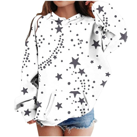 Oversized Sweatshirt for Girls Size 10/12 Star Print Long Sleeve Hoodies with Pocket Kids Going Out Tops 4-13Y, White, 11 Years