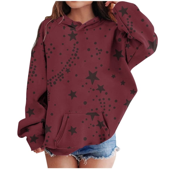 Oversized Sweatshirt for Girls Size 10/12 Star Print Long Sleeve Hoodies with Pocket Kids Going Out Tops 4-13Y, Wine, 11 Years