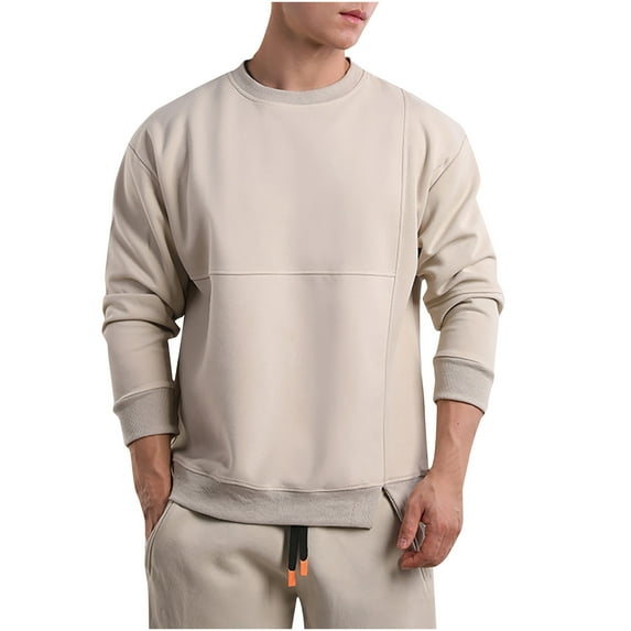 Oversized Sweatshirt for Men Casual Crewneck Long Sleeve Drop Shoulder Pullover Tops Basic Patchwork Slit Hem Workout Athletic T-Shirt