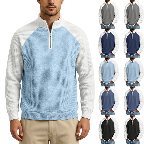 Oversized Sweatshirt for Men Color Block Waffle Knit Sweater Loose Casual Half-Zip Stand Collar Long Sleeve Shirt Pullover for Fall and Winter