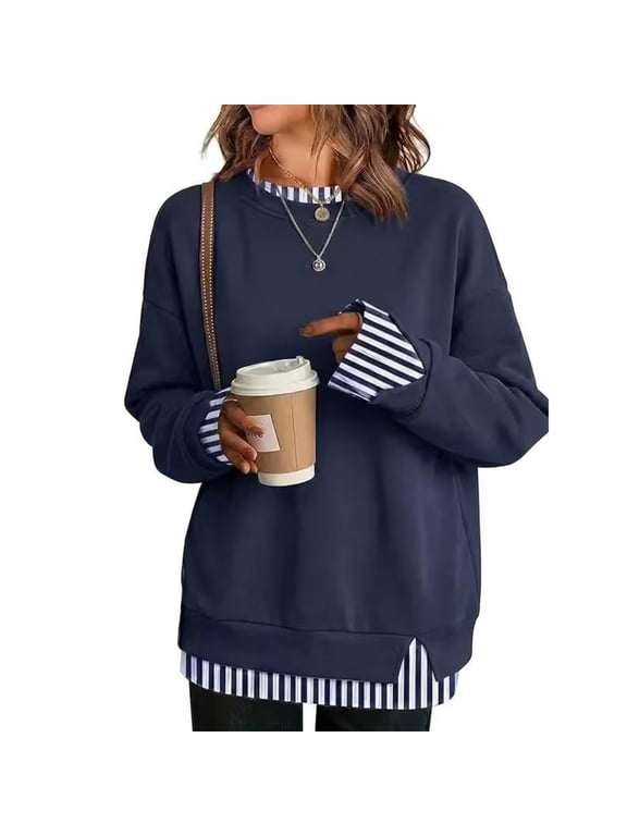 Oversized Sweatshirt for Women, 2-in-1 Faux Layered Crewneck Pullover, Long Sleeve Loose Fit Casual Top with Side Slit