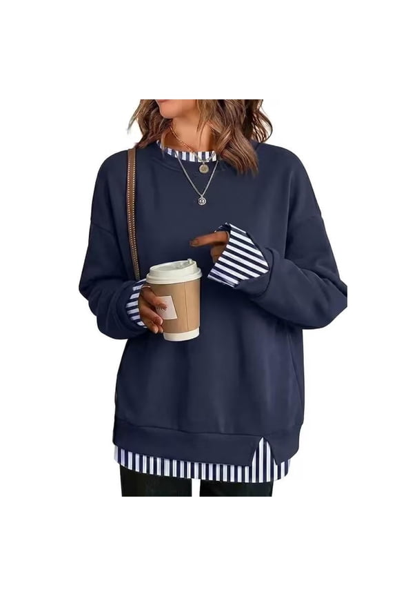 Oversized Sweatshirt for Women, 2-in-1 Faux Layered Crewneck Pullover, Long Sleeve Loose Fit Casual Top with Side Slit