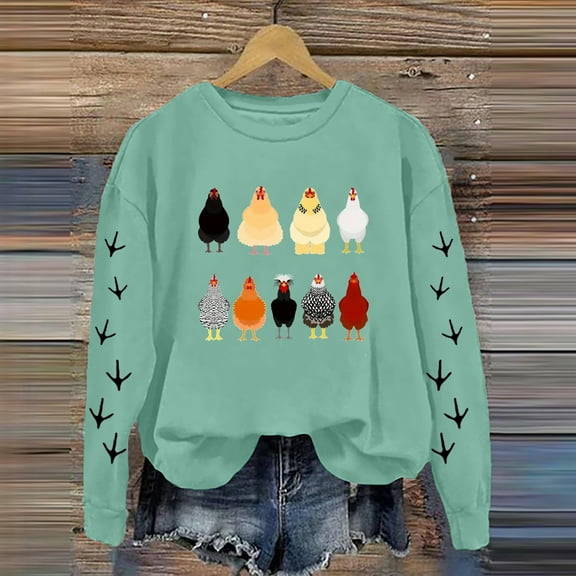 Oversized Sweatshirt for Women Casual Full Sleeve Crewneck Chicken Graphic Printed Blouse Outfits Winter Clothes 2025