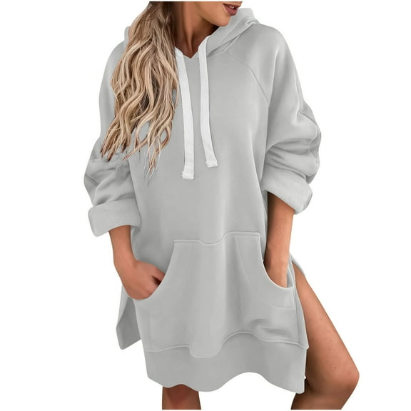 Oversized Sweatshirt for Women Casual Split Hem Hoodie Dress Long Sleeve Fall Pullover Dresses with Kangaroo Pocket