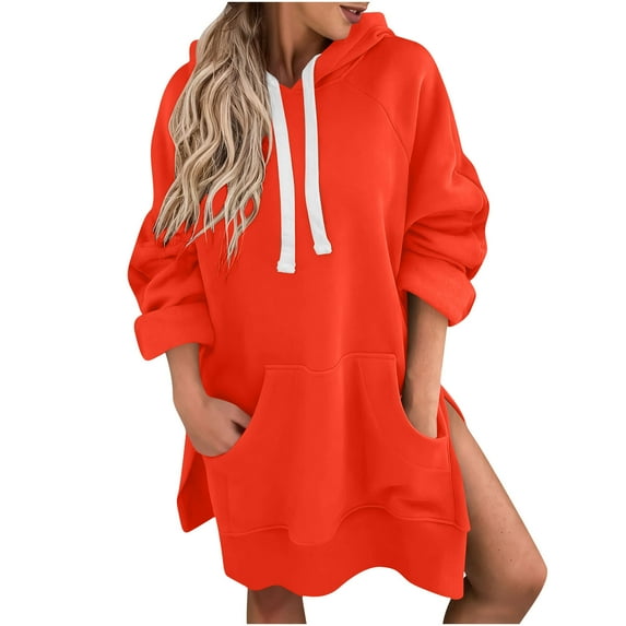 Oversized Sweatshirt for Women Casual Split Hem Hoodie Dress Long Sleeve Fall Pullover Dresses with Kangaroo Pocket