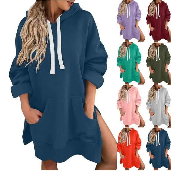 Oversized Sweatshirt for Women Casual Split Hem Hoodie Dress Long Sleeve Fall Pullover Dresses with Kangaroo Pocket