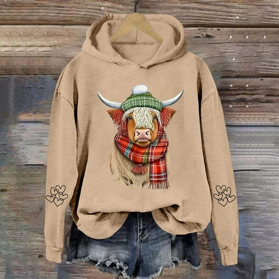 Oversized Sweatshirt for Women Cow for Western Cow Print Shirt Country Western Winter Pullover Jumper Tops Khaki S