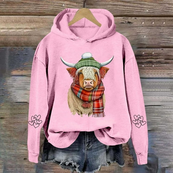 Oversized Sweatshirt for Women Cow for Western Cow Print Shirt Country Western Winter Pullover Jumper Tops Pink L