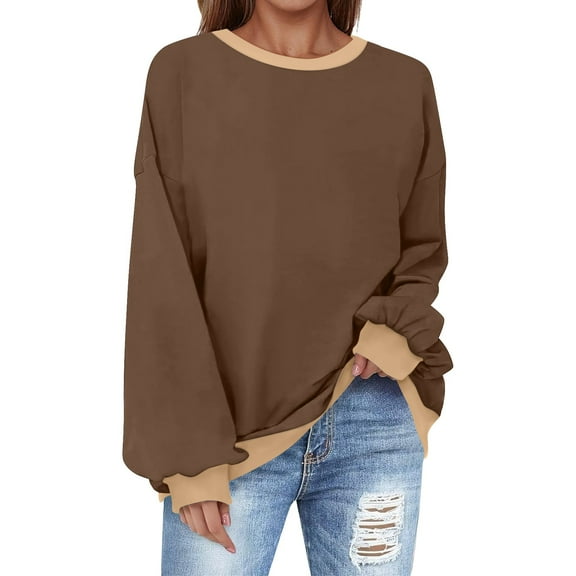 Oversized Sweatshirt for Women Crewneck Solid Color Long Sleeve Shirts Sweatshirt