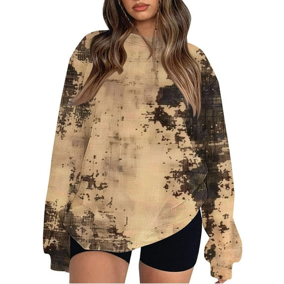 Oversized Sweatshirt for Women Fall Round Neck Floral Print Loose Pullover Top Long Sleeve Maple Leaf Travel Clothes (Khaki L)