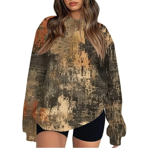 Oversized Sweatshirt for Women Fall Round Neck Floral Print Loose Pullover Top Long Sleeve Maple Leaf Travel Clothes (Khaki L)