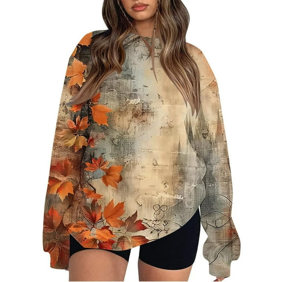 Oversized Sweatshirt for Women Fall Round Neck Floral Print Loose Pullover Top Long Sleeve Maple Leaf Travel Clothes (Khaki L)