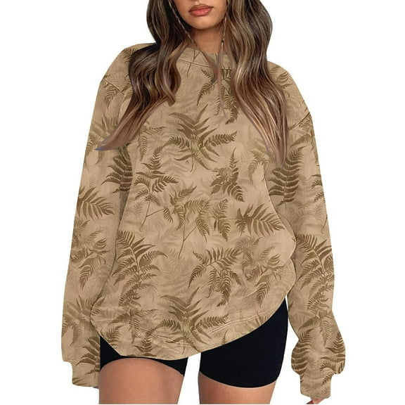 Oversized Sweatshirt for Women Fall Round Neck Floral Print Loose Pullover Top Long Sleeve Maple Leaf Travel Clothes (Khaki XL)