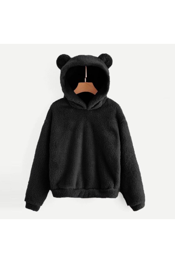 Oversized Sweatshirt for Women Fleece Solid Warm Bear Shape Fuzzy Hoodie Coat Everyday Style Tops Clothes With Pocket