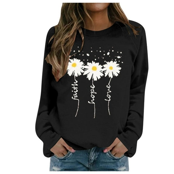 Oversized Sweatshirt for Women Flower Print Fall Crewneck Sweatshirt Long Sleeve Basic Pullover Top Fall Stretchy Casual Tops Women Hoodies Black XL