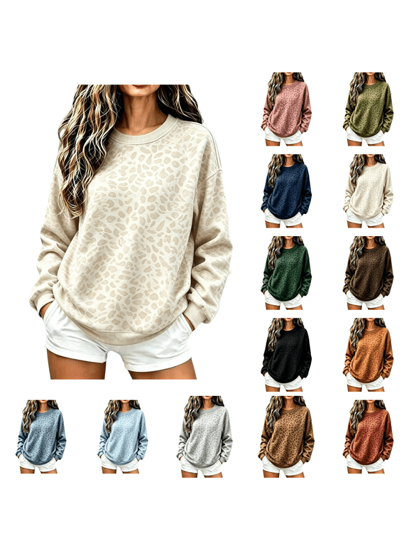 Oversized Sweatshirt for Women Leopard Printed Crewneck Long Sleeve Casual Fleece Tops Graphic Hoodies Pullover Sweater