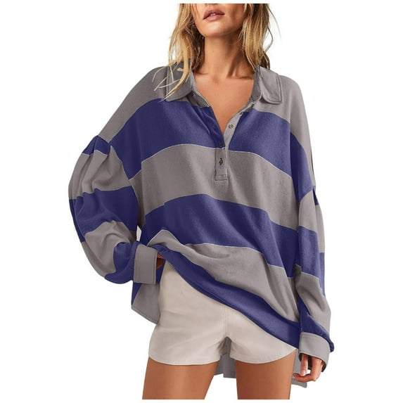 Oversized Sweatshirt for Women Long Sleeve Button V-Neck Striped Print Pullover Tops Fall Fashion 2025 Loose Fit Tunic Blouses