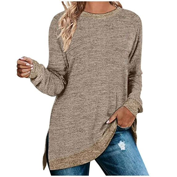 Oversized Sweatshirt for Women Long Sleeve Round Neck Side Slits Casual Loose Fall Winter Solid Color Pullover Tops,Khaki,2XL