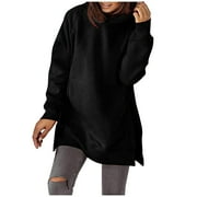 BLVB Oversized Sweatshirt for Women Long Sleeve Solid Color Hoodies Side Slit Loose Fit Comfy Hooded Sweatshirt with Pockets