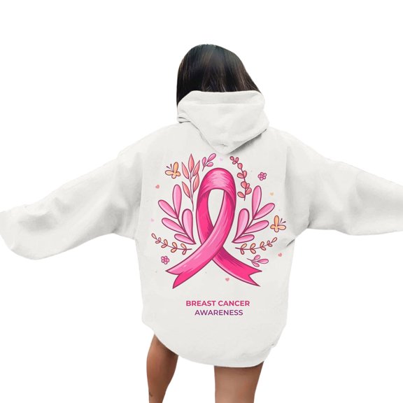 Oversized Sweatshirt for Women Pink Ribbon Print Cancer Awareness Hoodie Long Sleeve Fall Winter Pullover Tops (White, S)