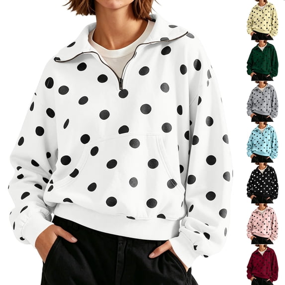 Oversized Sweatshirt for Women Polka Dots Half Zip Stand Collar Pullover Sweatshirt Casual Fleece Cropped Sweatshirt with Front Kangaroo Pocket