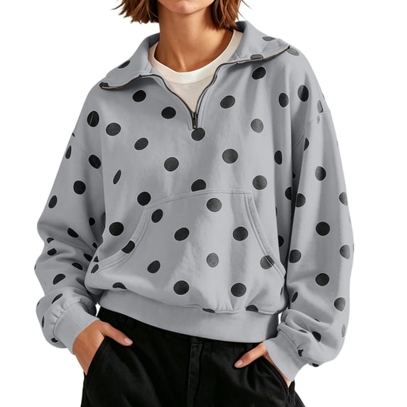 Oversized Sweatshirt for Women Polka Dots Half Zip Stand Collar Pullover Sweatshirt Casual Fleece Cropped Sweatshirt with Front Kangaroo Pocket