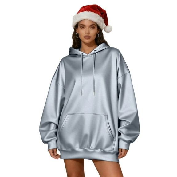 Oversized Sweatshirt for Women Satin Silk Hoodies Loose Casual Long Sleeve Shirts Hooded Pullover Tops for Christmas Xmas