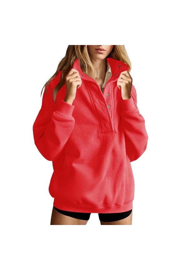 Oversized Sweatshirt for Women Snap Button Mock Neck Fleece Long Sleeve Pullover Tops Winter Shirts