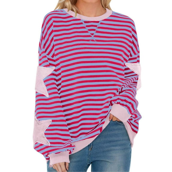 Oversized Sweatshirt for Women Stars and Stripes Long Sleeve Shirt Casual Crewneck Pullover Drop Shoulder Sweater Fall Sweatshirts for Women