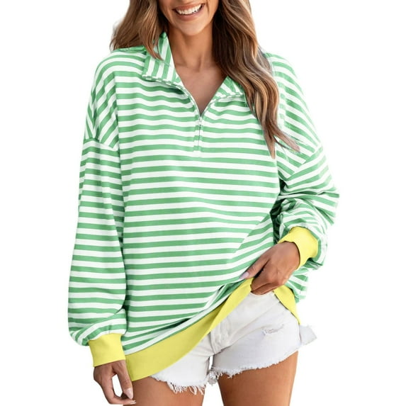 Oversized Sweatshirt for Women Striped Quarter Zip Pullover Tops Long Sleeve V Neck Shirts Fashion Fall Outfits