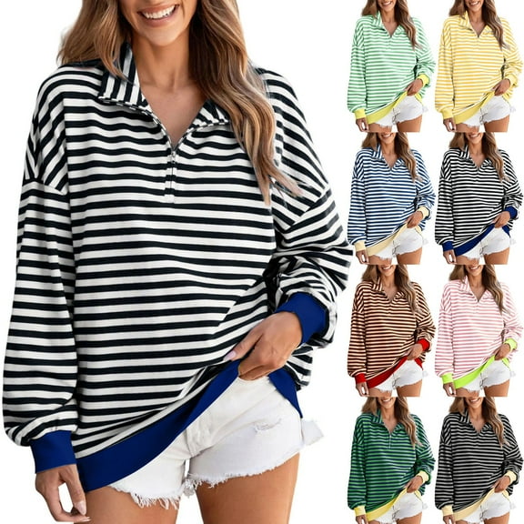 Oversized Sweatshirt for Women Striped Quarter Zip Pullover Tops Long Sleeve V Neck Shirts Fashion Fall Outfits
