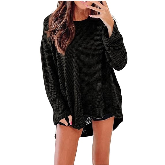 Oversized Sweatshirt for Women Textured Waffle Side Split High Low Hem Long Sleeve Trendy Fall Casual Pullover Tops