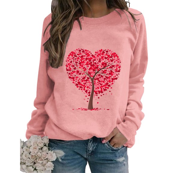 Oversized Sweatshirt for Women Valentines Day Love Heart Graphic Shirts Tree Print Long Sleeve Crew Neck Gift Clothes for Her