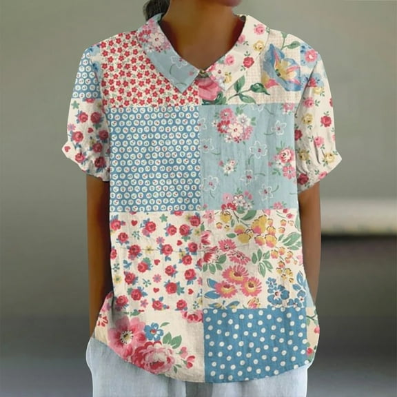 Oversized Sweatshirt for Women, Women's Linen Lapel Art Floral Round Neck Button Loose Pullover Top Casual Shirt T Shirt Blue XXL