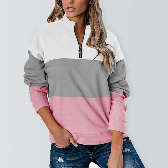 Oversized Sweatshirt for Women Zipper Solid Color Long Sleeved Warm Blouse Everyday Style Winter Pullover Jumper Tops Pink M