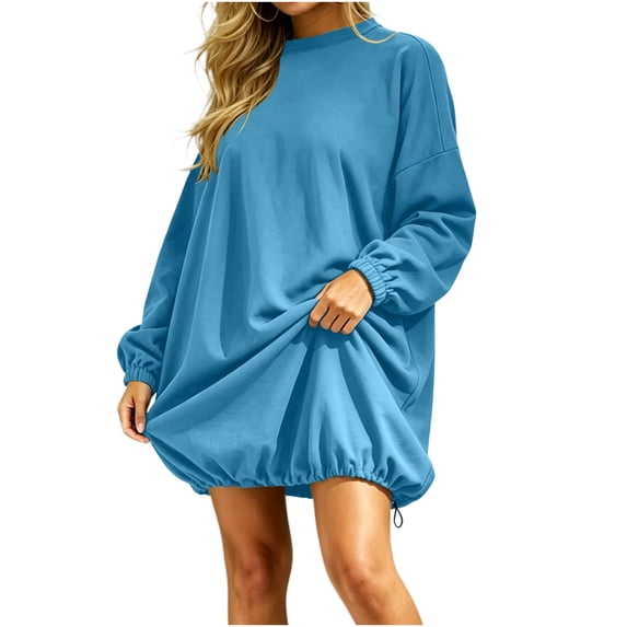 Oversized Sweatshirt for Women with Pockets Drawstring Long Sleeve Crewneck Plain Sweater Pullover Mini Dress (L, Light Blue)