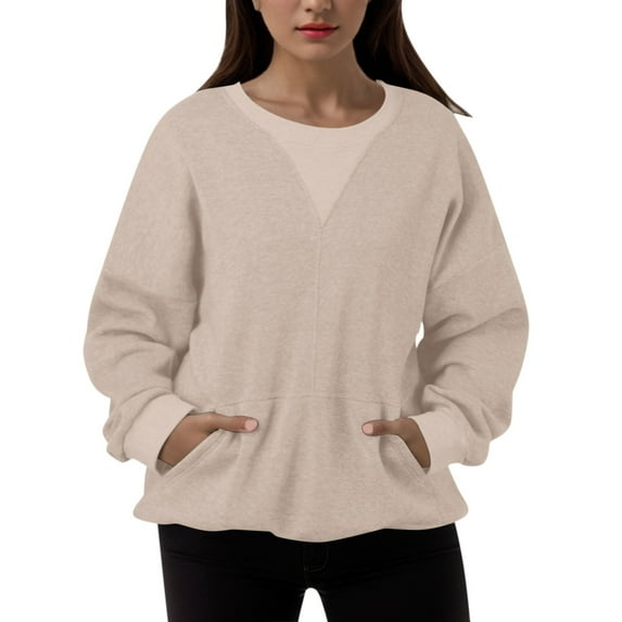 Oversized Sweatshirt for Womens Patchwork Solid Color Sweatshirts No Hood Long Sleeve Pullover Tops with Pocket