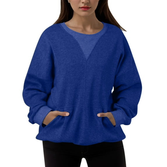 Oversized Sweatshirt for Womens Patchwork Solid Color Sweatshirts No Hood Long Sleeve Pullover Tops with Pocket