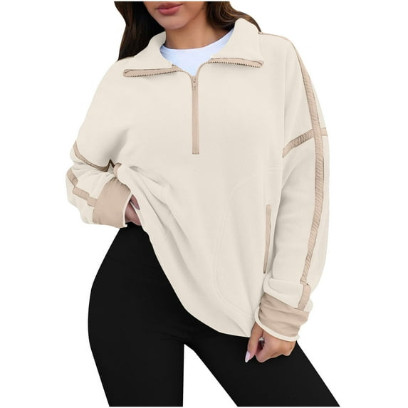 Oversized Sweatshirt or Women Trendy Half Zipper Pullover Striped Color Block Casual Tops Fuzzy Fleece Sweater Blouse Beige M