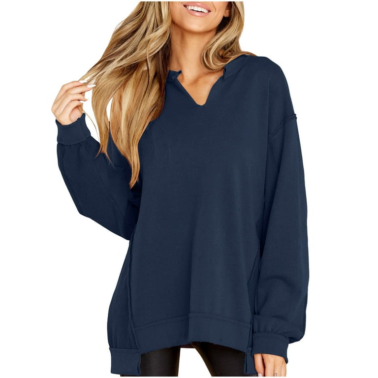 Oversized Sweatshirts 2023 Womens V Neck Long Sleeve Solid Color Loose  Pullover Top Fall Spring Casual Sweaters (Medium, Navy)
