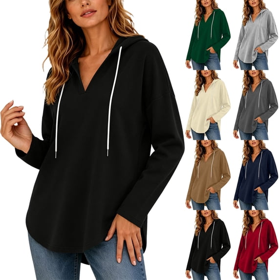 Oversized Sweatshirts For Women Casual Solid Long Sleeved Drawstring Hooded Pullover Loose Curved Hem Cozy Trendy Pullover Tops For Fall & Winter