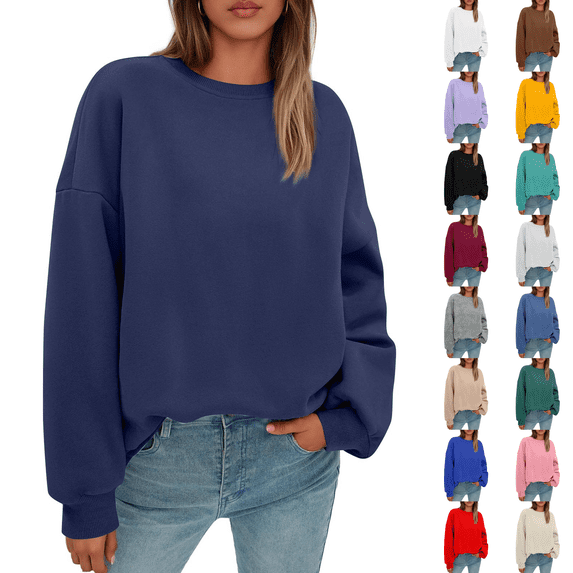 Oversized Sweatshirts Hoodies Fleece Crewneck Sweaters Womens Casual Tops Comfy Fall Fashion Outfits Winter Clothes 2026 Dark Blue S