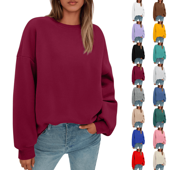 Oversized Sweatshirts Hoodies Fleece Crewneck Sweaters Womens Casual Tops Comfy Fall Fashion Outfits Winter Clothes 2026 Wine S