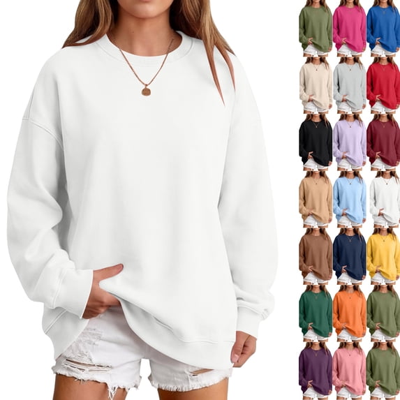 Oversized Sweatshirts Women Crewneck 2026 Fall Cute Fleece Pullover Top | Loose Fit Long Sleeve Sweatshirt no Hood, Drop Shoulder Tops, Workout Athletic Cozy, Airport Travel Clothes White,L