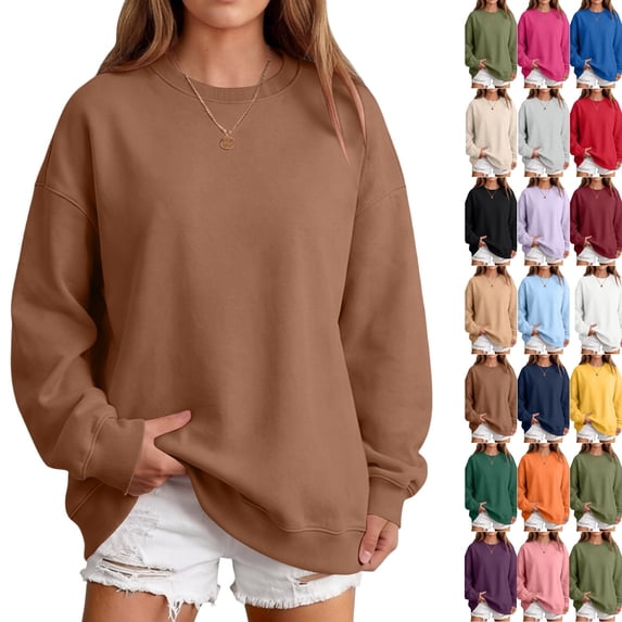Oversized Sweatshirts Women Crewneck 2026 Fall Cute Fleece Pullover Top | Loose Fit Long Sleeve Sweatshirt no Hood, Drop Shoulder Tops, Workout Athletic Cozy, Airport Travel Clothes Coffee,L